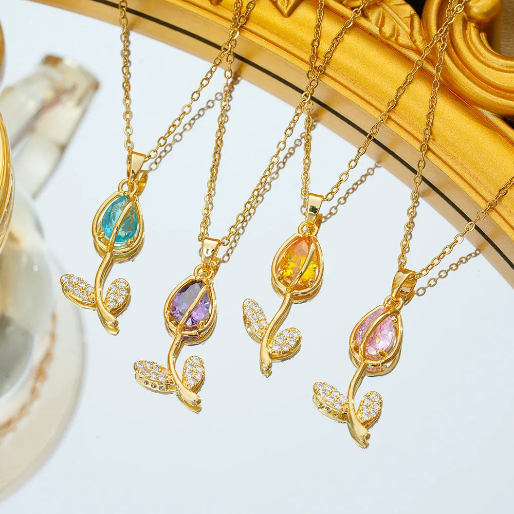 Women's adjustable zircon tulip necklace with copper-plated gold pendant on titanium steel chain.