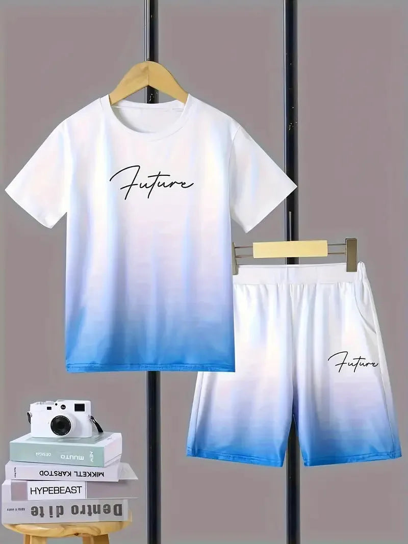 Boys casual summer cotton blend short sleeve T-shirt and shorts two-piece set with cartoon pattern