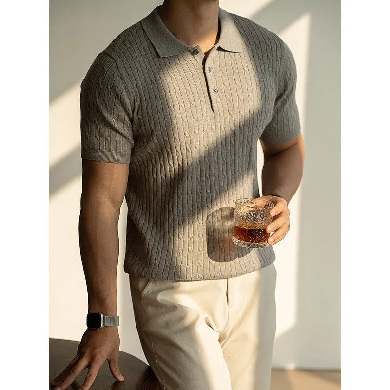 Man wearing a khaki short sleeve blend fabric top suitable for business commute.