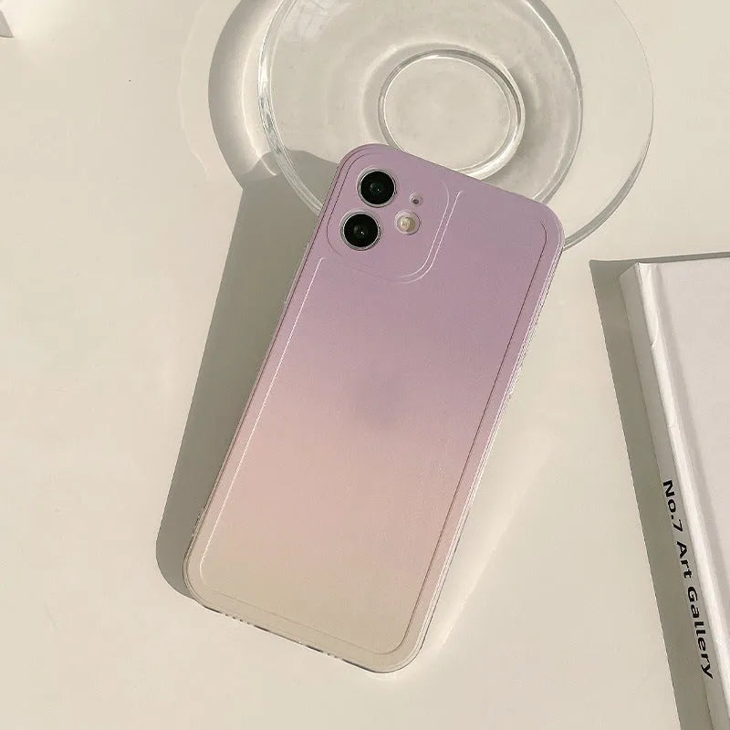 Yellow-purple gradient silicone iPhone case with retractable viewing bracket shown on mobile phone