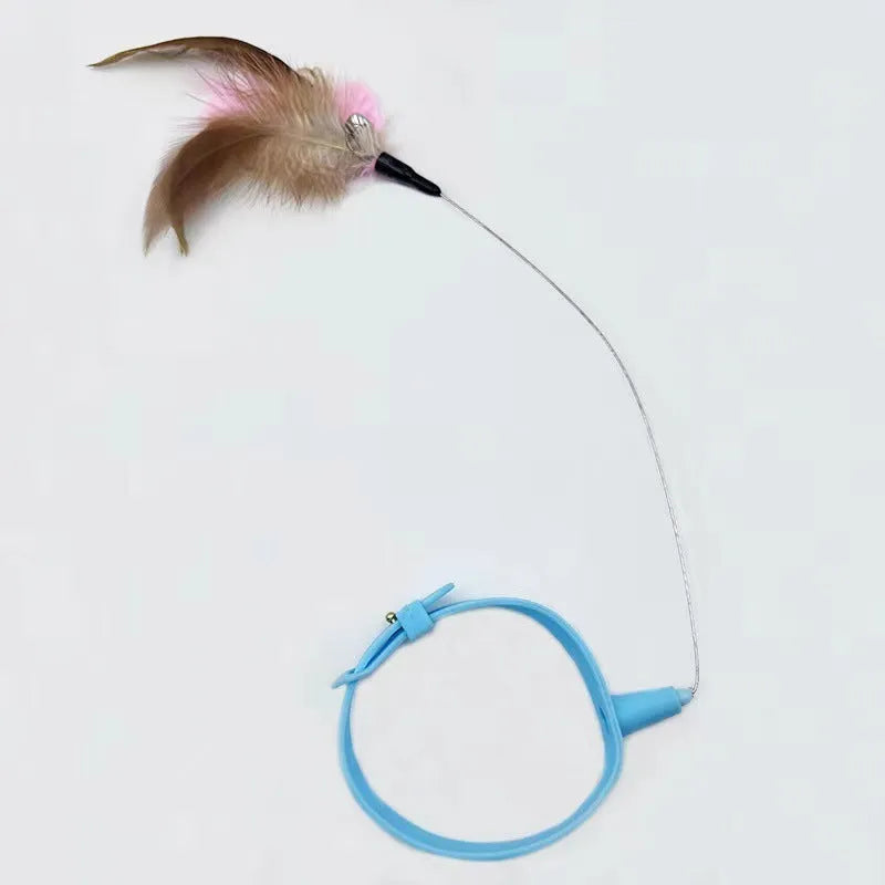 Adjustable cat collar toy with silicone teaser wand and feather charm attached