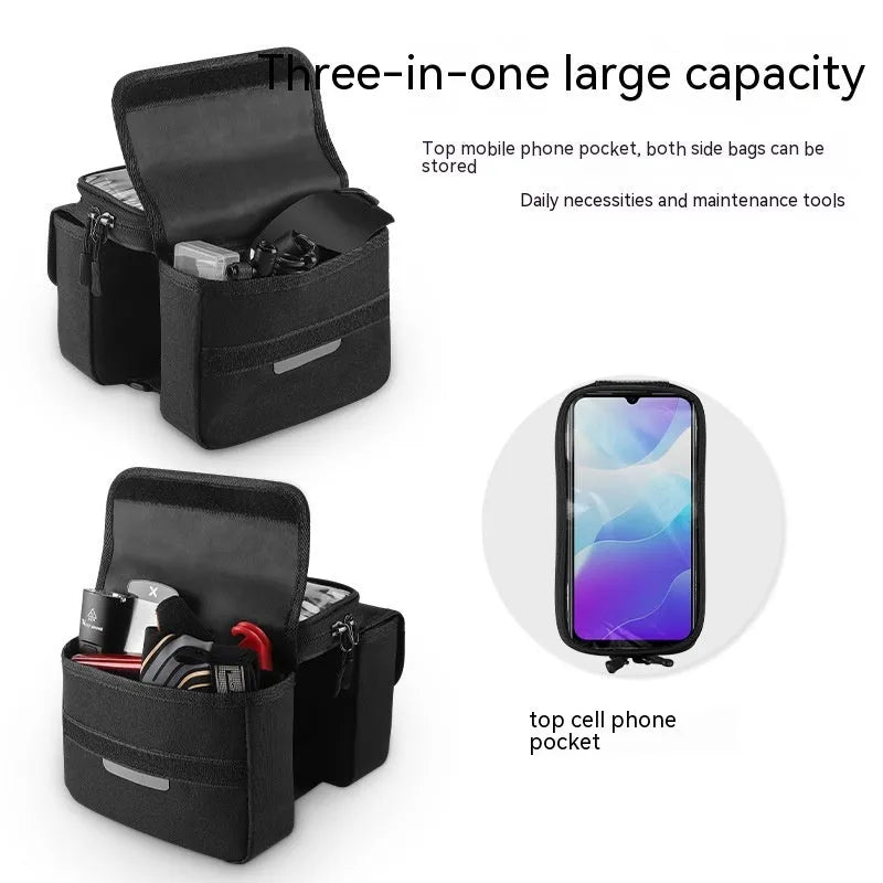 Black and grey bilateral tube saddle bag with touch screen compartment mounted on bicycle