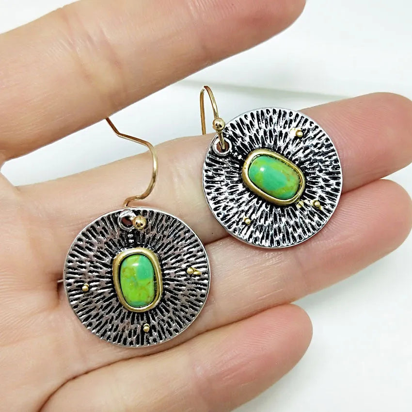 Retro turquoise and antique silver colour separation alloy earrings with electroplated finish