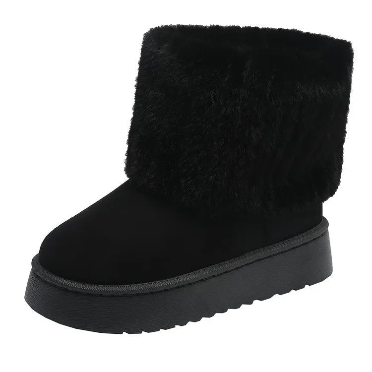 Thick-soled plush snow boots for women with synthetic leather upper and round toe, mid-tube design, in beige