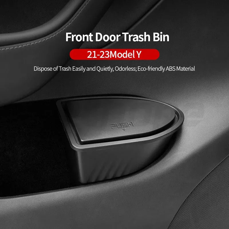 Two black ABS plastic car door trash cans designed for Tesla Model Y front door pockets.