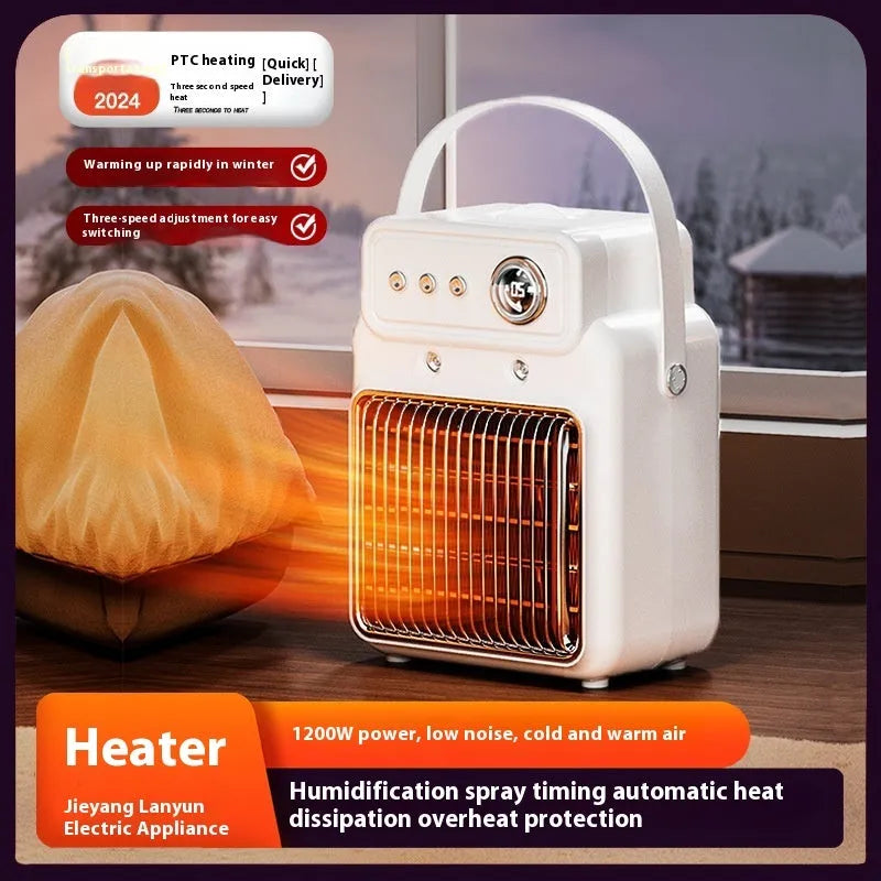 White 1200W PTC room heater with humidifying function on a tabletop.