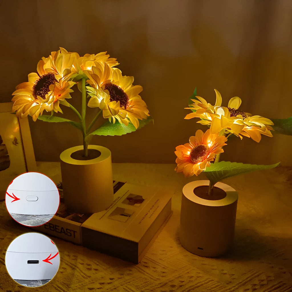 Sunflower LED night light with artificial flowers and rechargeable battery for table decoration