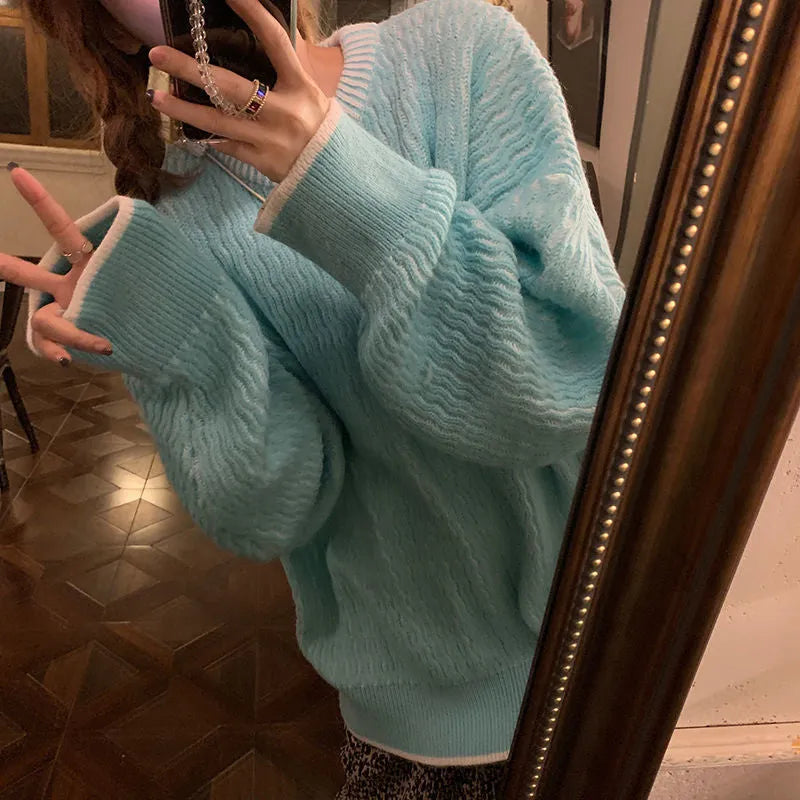 Women's loose retro pullover sweater in lake blue, purple, and pink solid colours