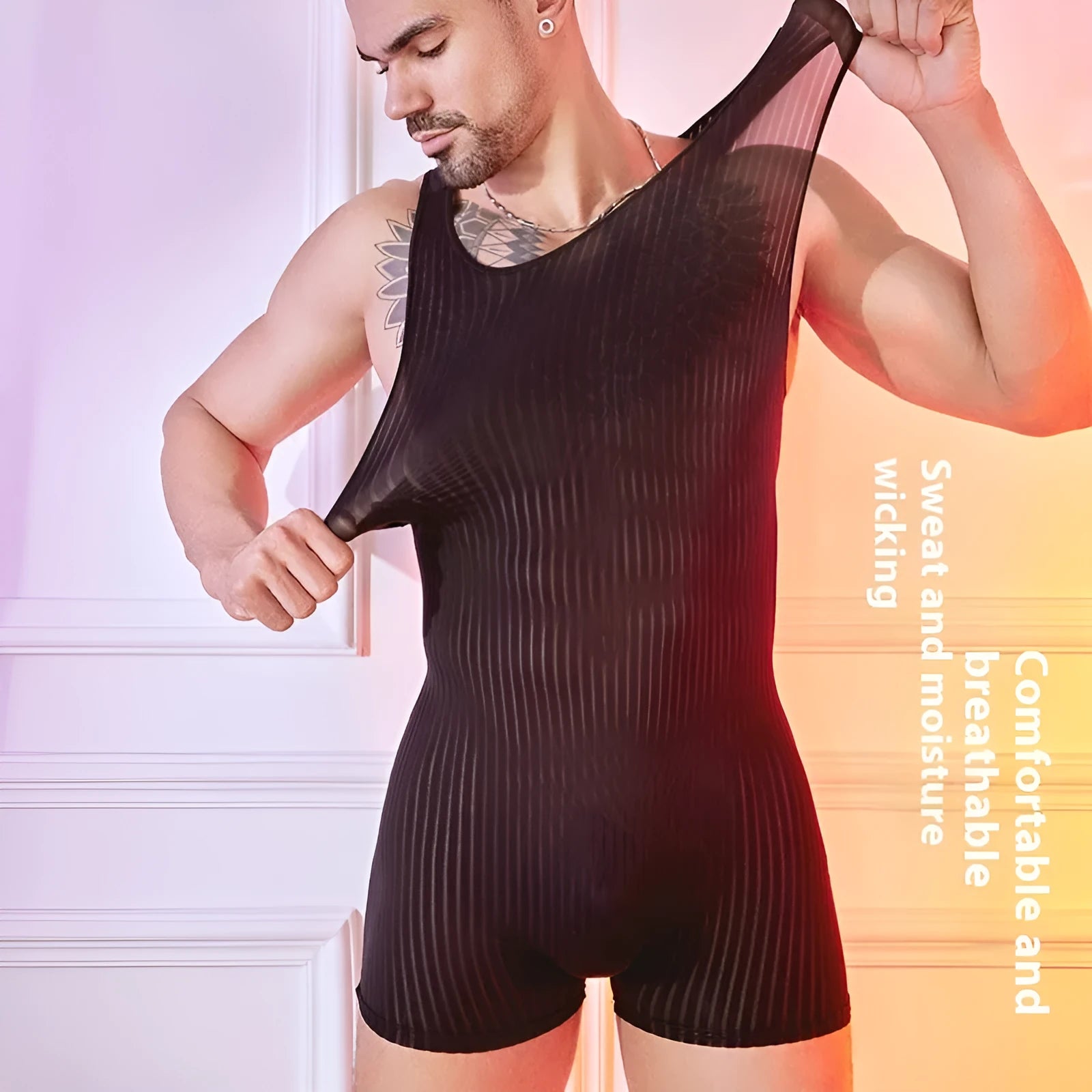 Men's lightweight nylon jumpsuit with wide vertical stripes in black, shown in a free size fit.