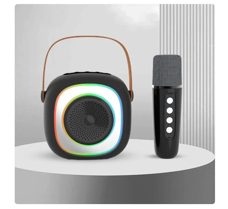 Wireless karaoke microphone with Bluetooth speaker in black double wheat colour with RGB lighting effects