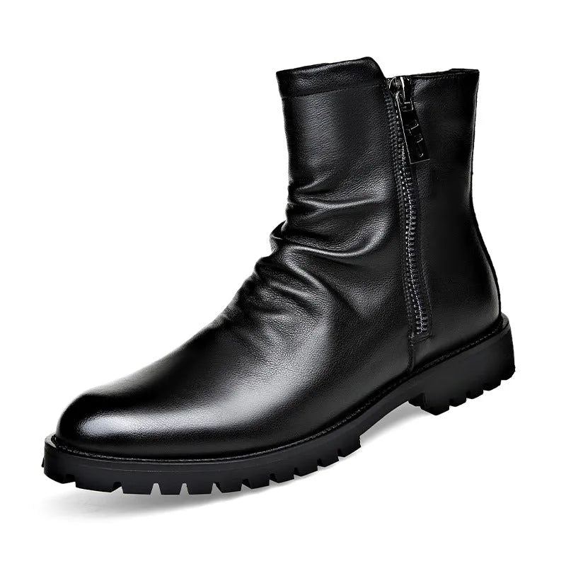 Men's high-top zipper Martin boots in black patent leather with low wedge heel rubber sole