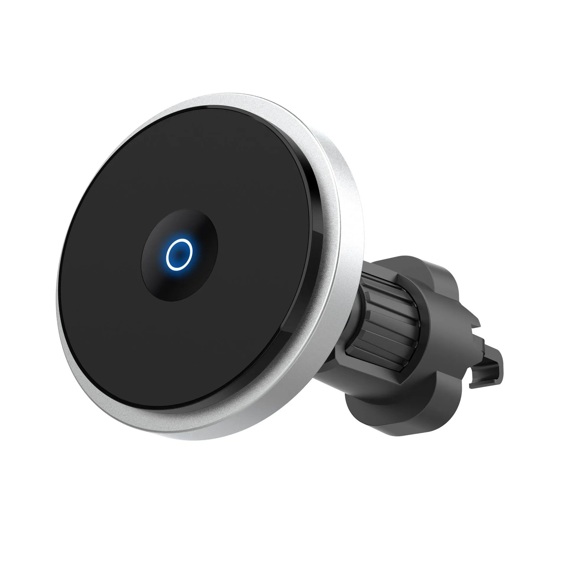 Silver metal 15W magnetic fast car wireless charger mounted on a car air vent.