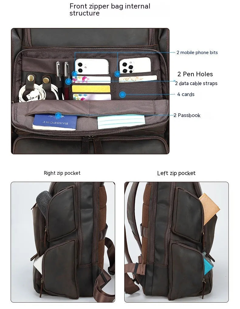 Dark brown Retro Crazy Horse leather backpack for a 17-inch laptop, showing internal organiser pockets.