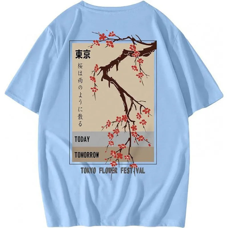 Men's short-sleeved printed streetwear T-shirt on a hanger, showing digital pattern design.