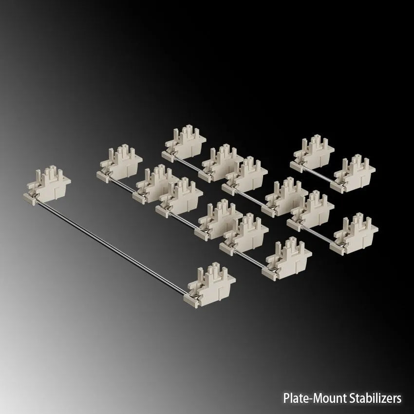 Black and milky white mechanical keyboard stabiliser sets with a 4.3-inch screen for 6.25U and 7U keys.