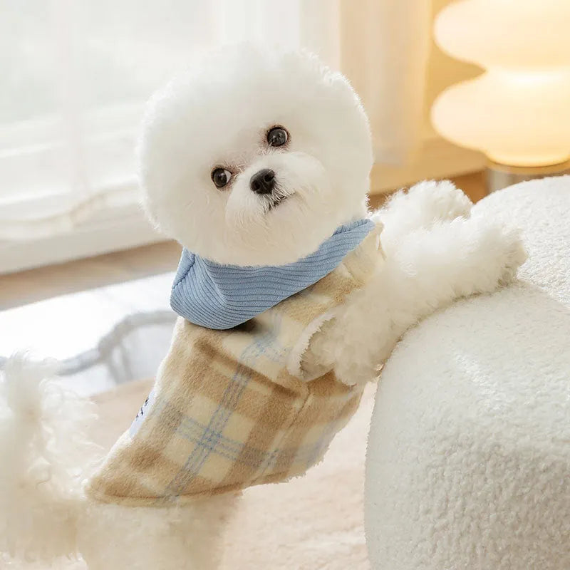 Blue corduroy dog hoodie vest with chessboard grid pattern and attached hood featuring traction details