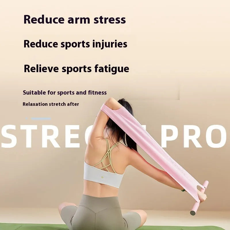 Grey and pink yoga stretching tool for shoulder, back, and hip exercises