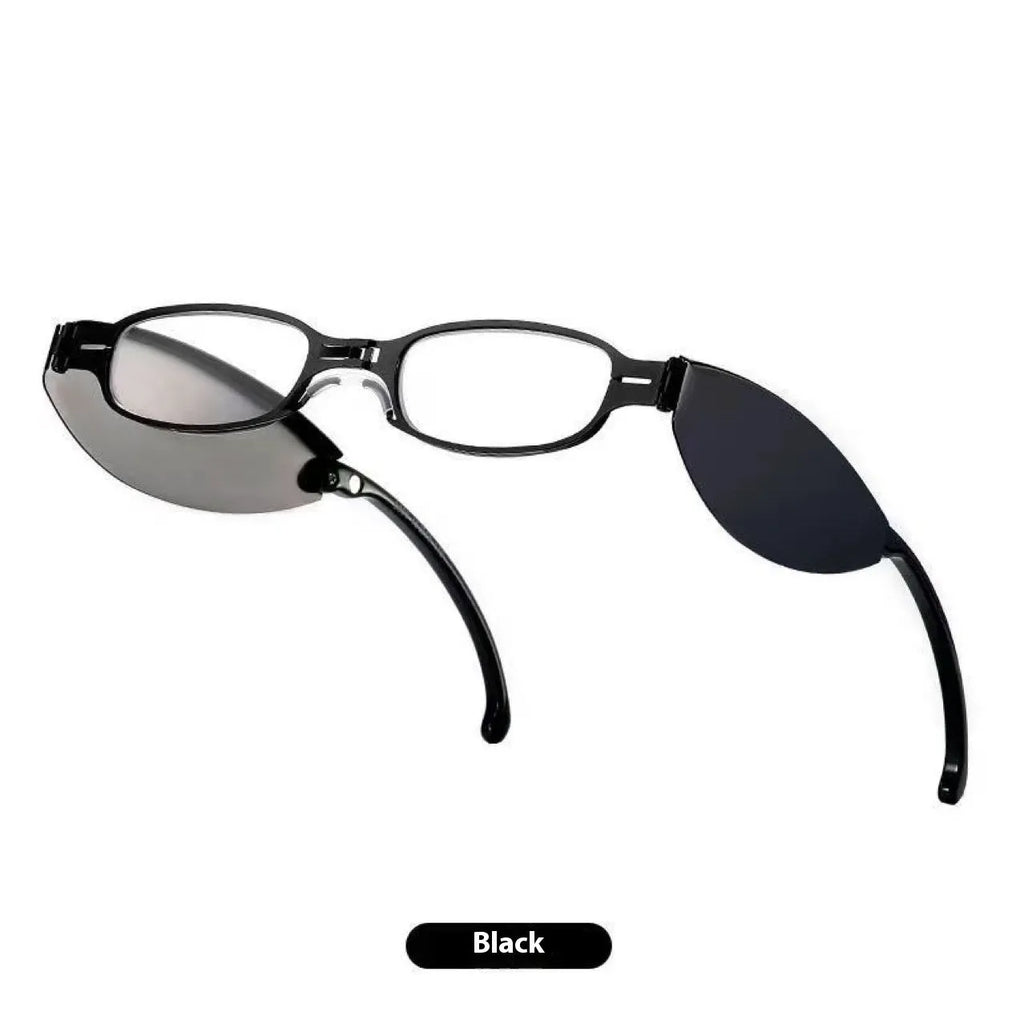 Folding presbyopic glasses in black retro frame showing folded and unfolded positions