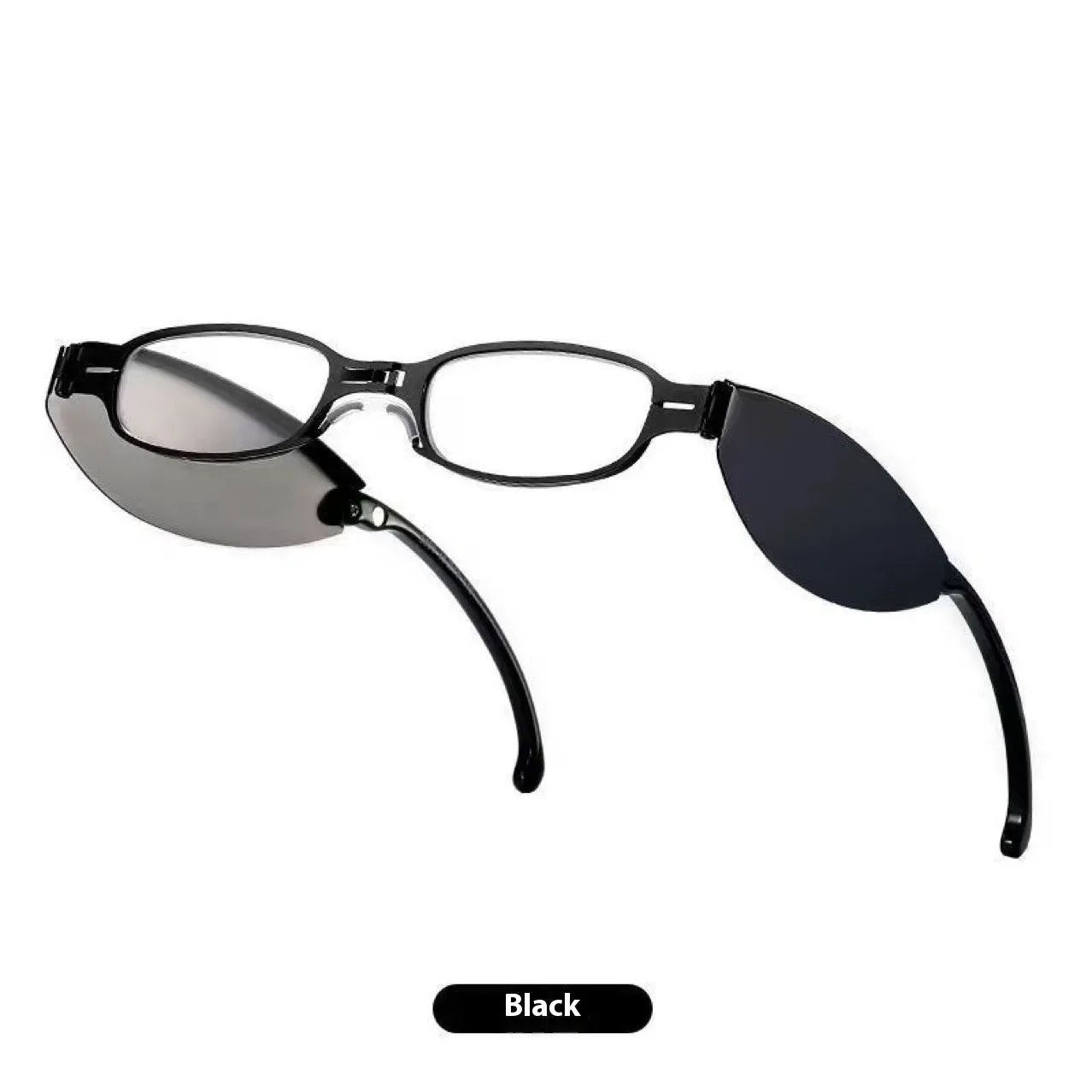 Folding presbyopic glasses in black retro frame showing folded and unfolded positions