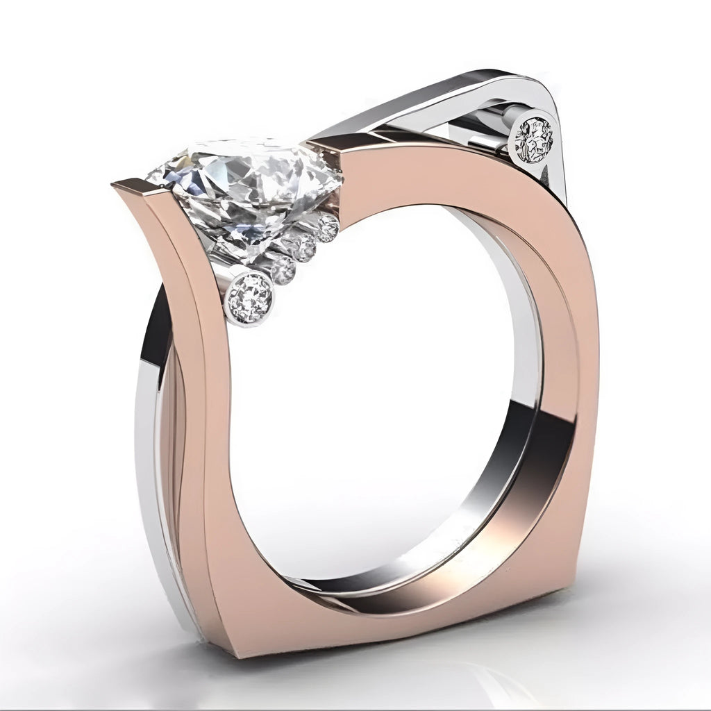 Rose gold electroplated geometric alloy ring with inlaid zircon stone for women, shown in size options 6 to 10.