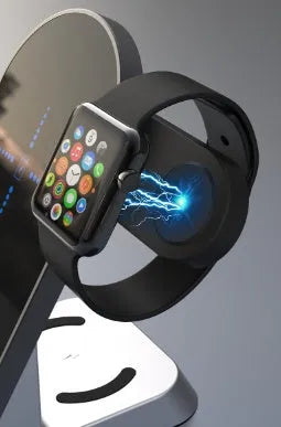 Black multifunctional wireless charging alarm clock with digital display and multiple charging ports.
