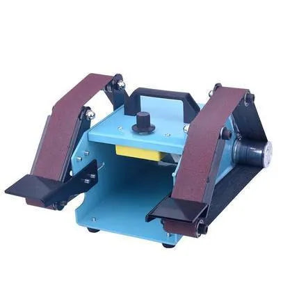 Blue desktop dual-axis belt sander with a 750W motor and variable speed control switch.