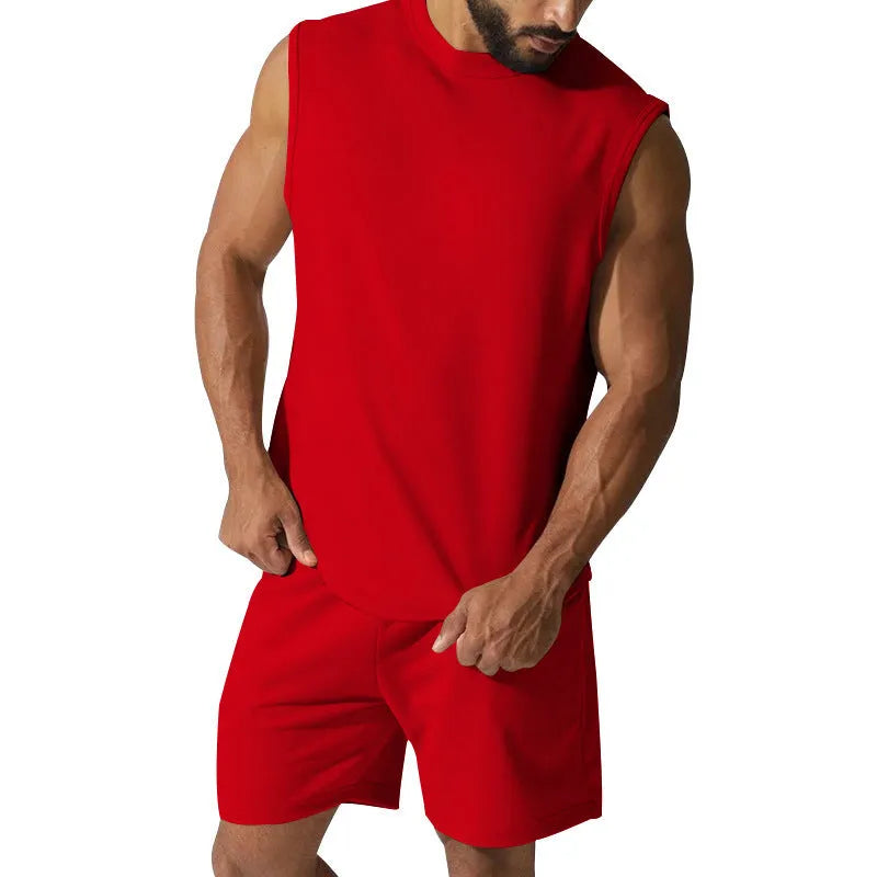 Men's sleeveless cotton blend sports suit set in multiple colour options with matching shorts