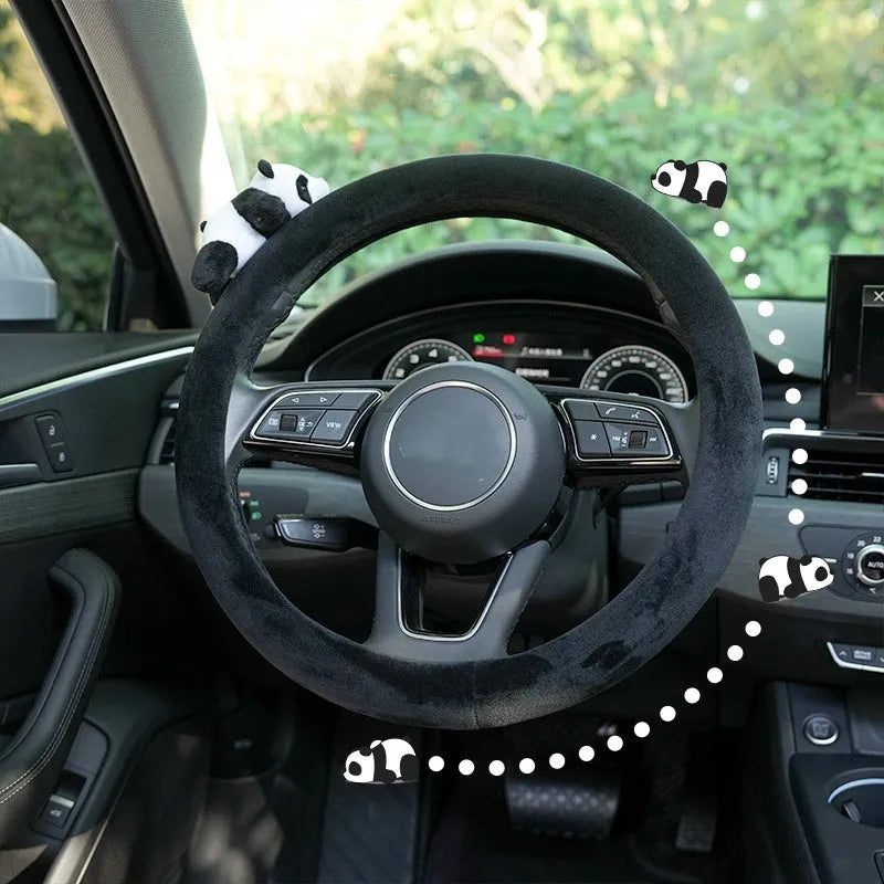 Panda themed plush black steering wheel cover and matching shoulder pad set for car interior