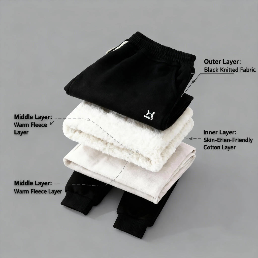 Children's trousers in black and blue with drawstring waist and ribbed hem, sizes 22-26 for ages 3-7