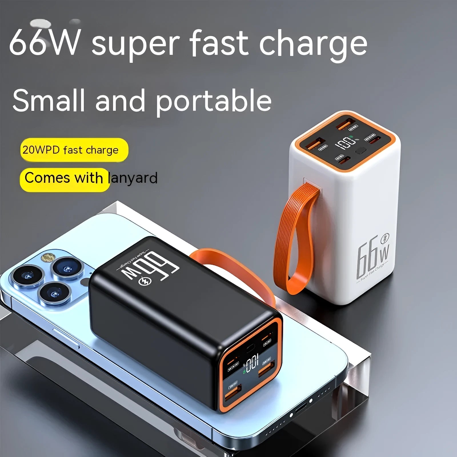PD66W fast charge 20000 mAh power bank in black or white colours with creative design