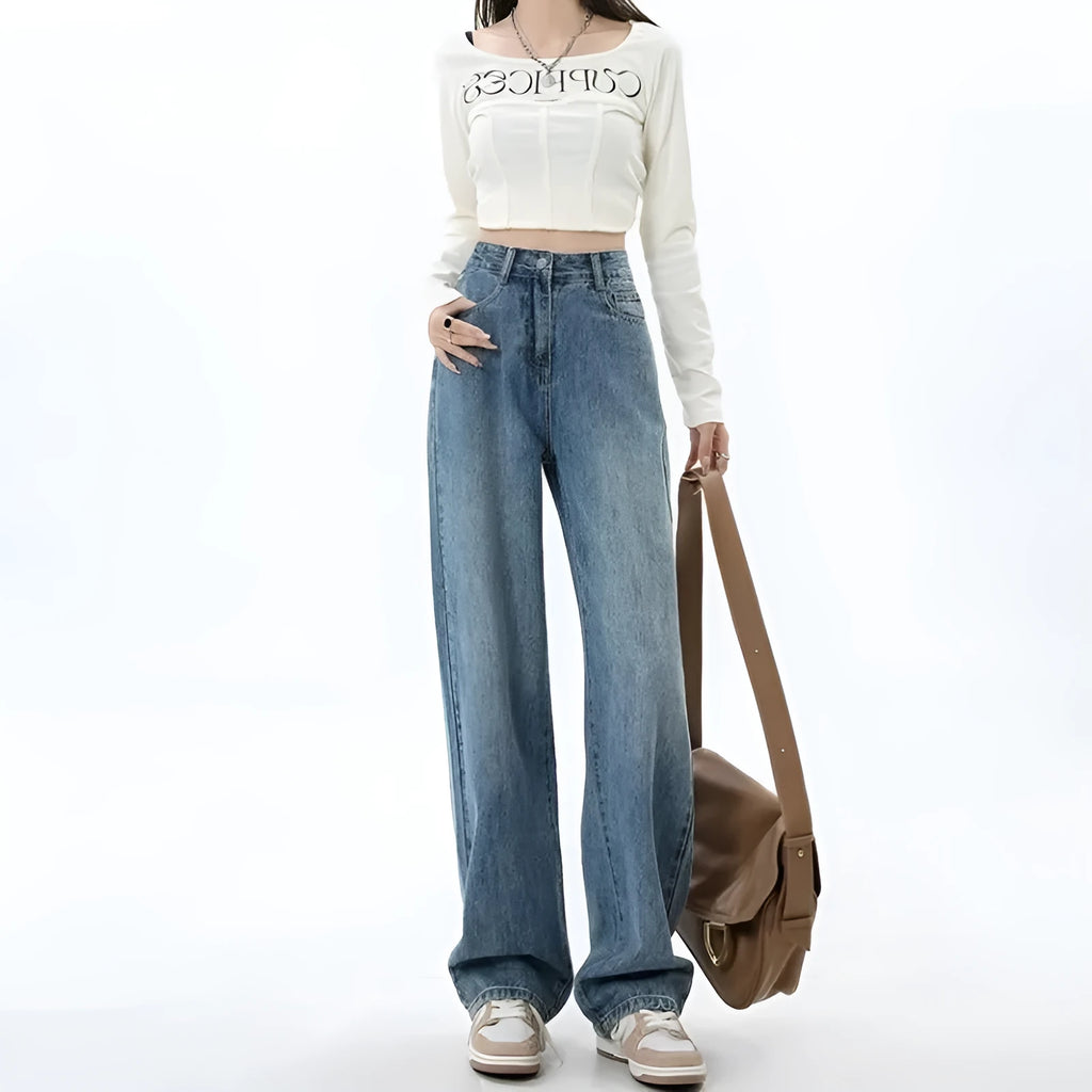 Retro blue high-waist wide-leg jeans for women on a hanger.