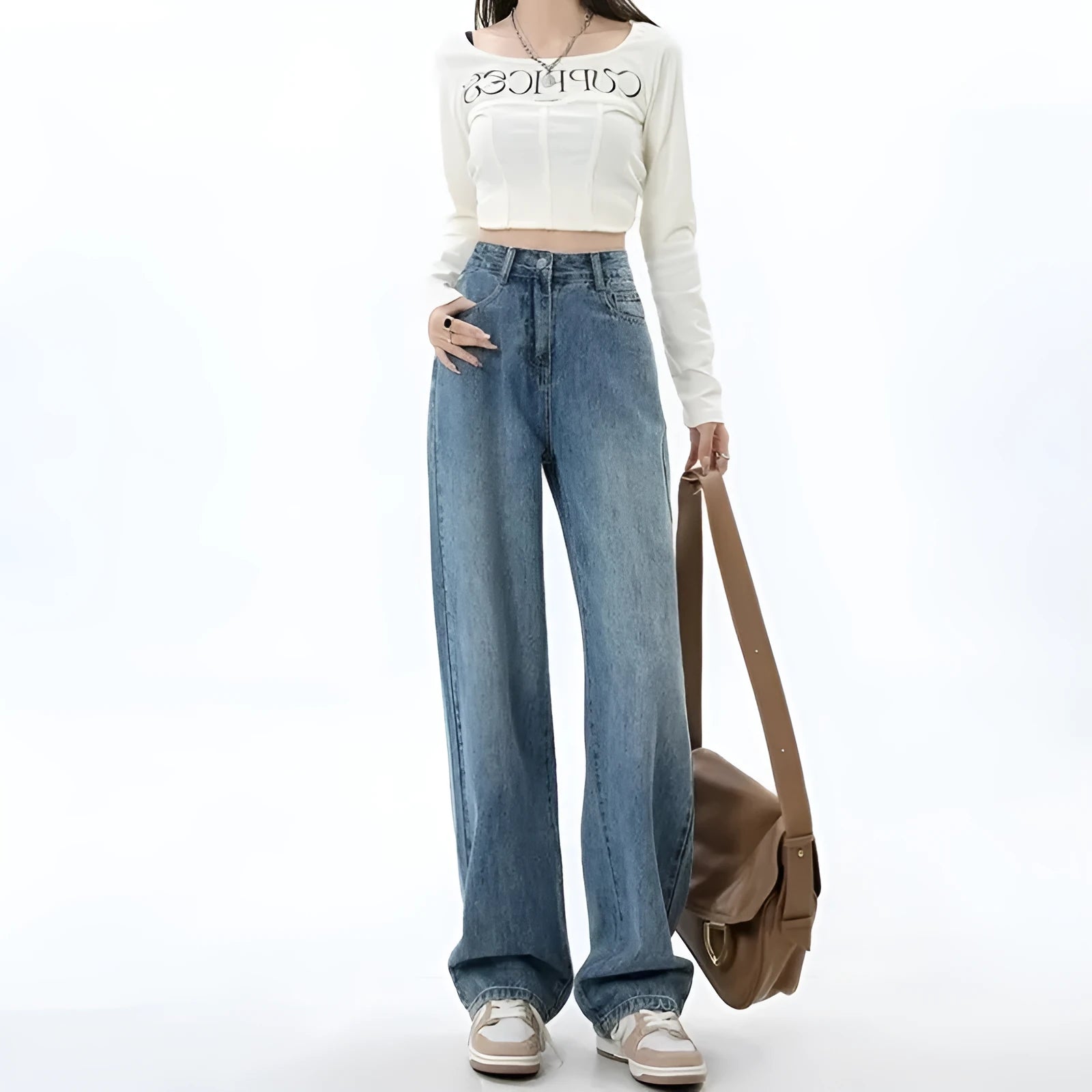 Retro blue high-waist wide-leg jeans for women on a hanger.