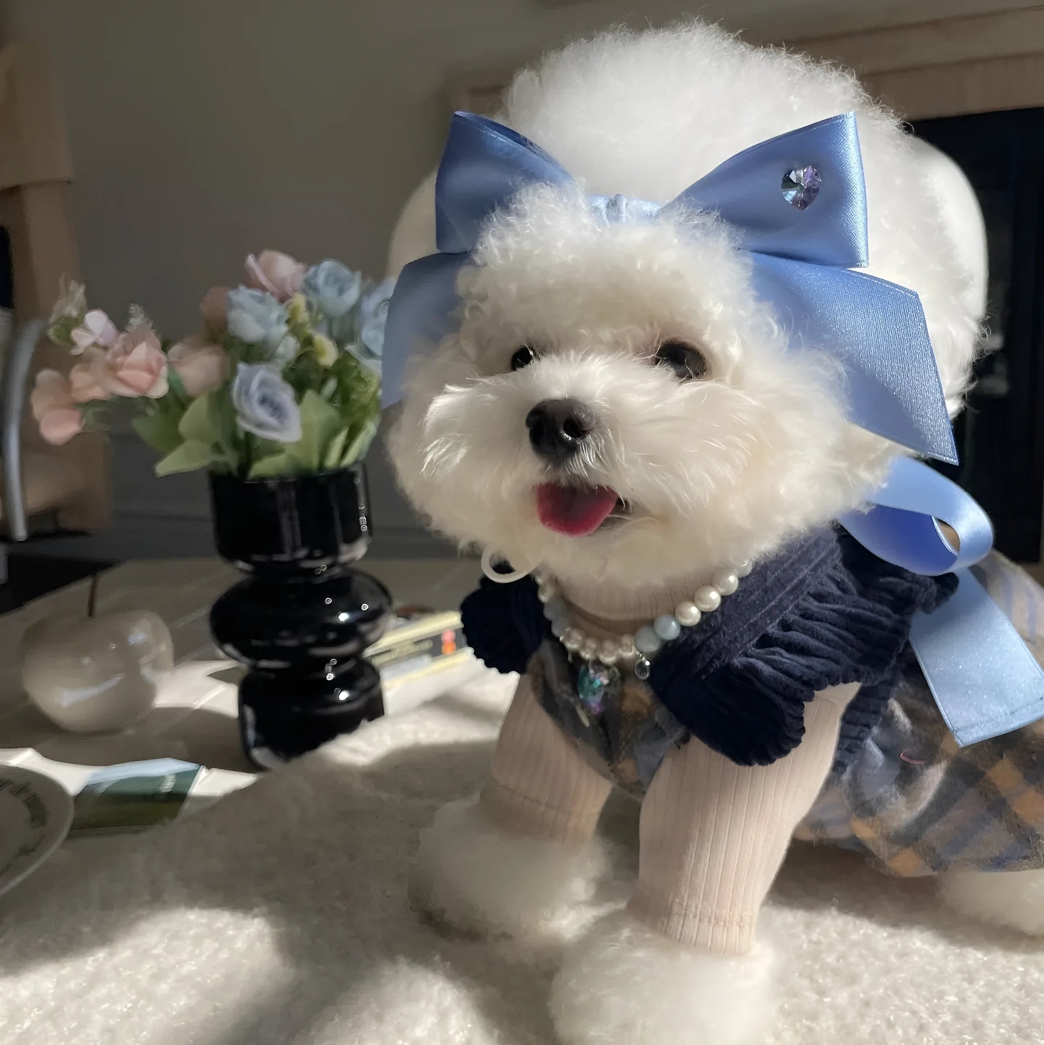 Princess style dog headdress hair band with adjustable bow on polyester cotton ribbon
