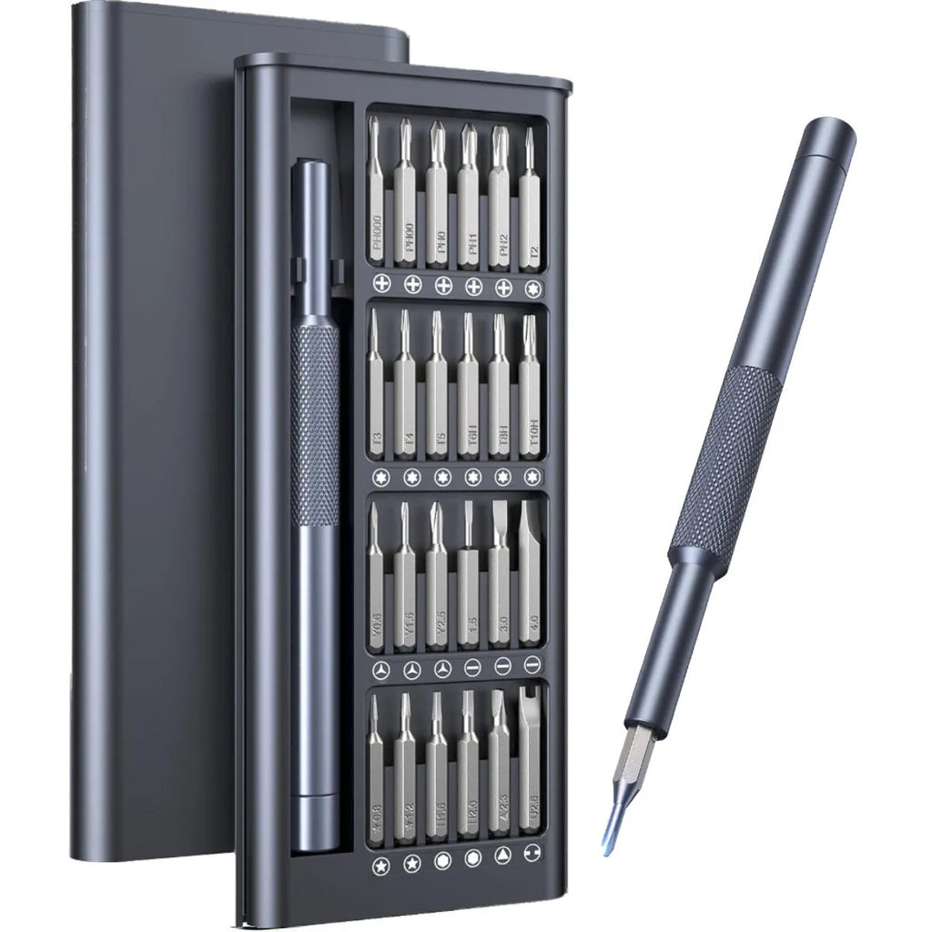 25-in-one magnetic screwdriver set with chrome vanadium steel shaft and compact 110mm length.