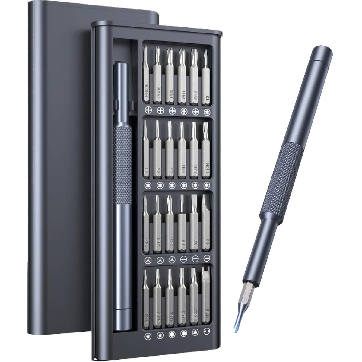 25-in-one magnetic screwdriver set with chrome vanadium steel shaft and compact 110mm length.