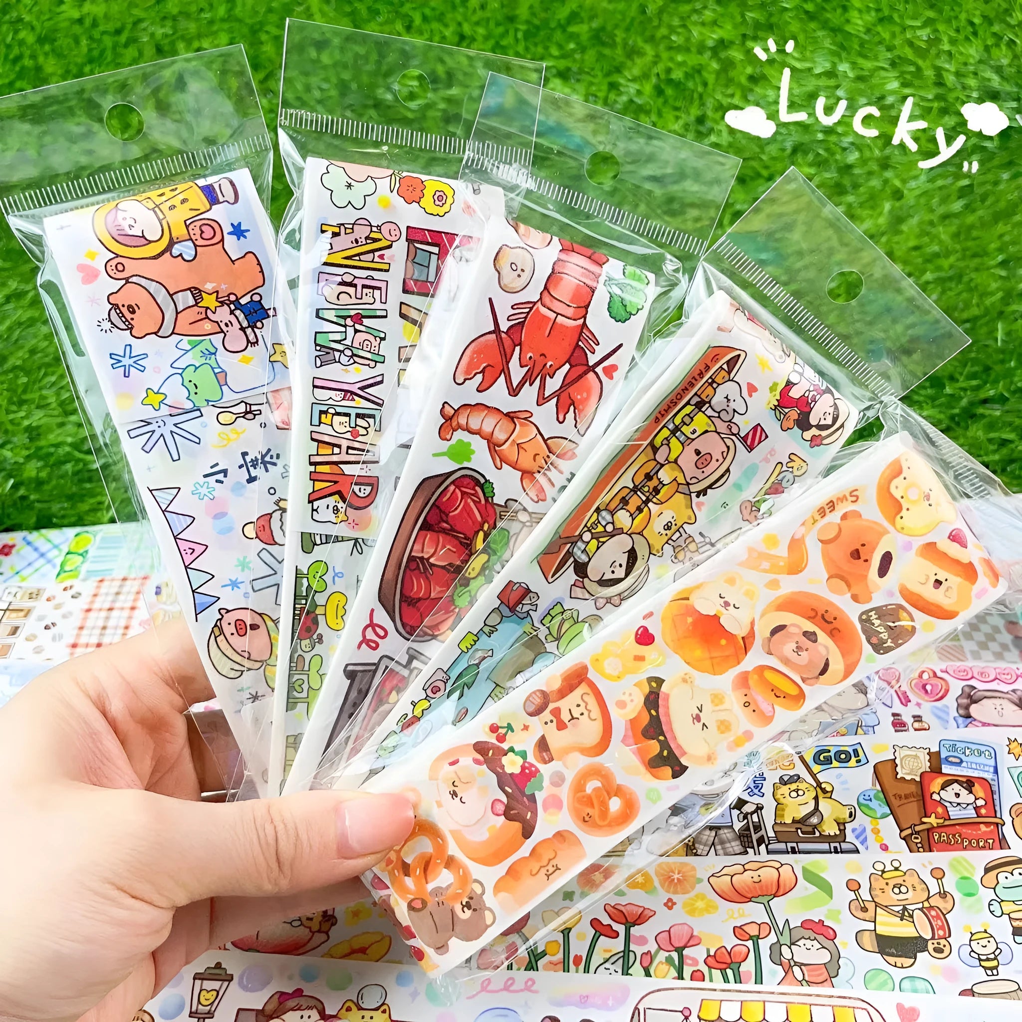 Sheet of cute cartoon character adhesive stickers for medical product packaging.