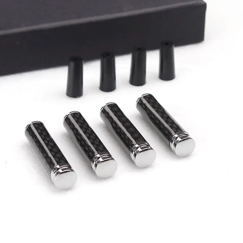 Set of four carbon fibre and metal car door lift decorative covers for direct replacement installation.
