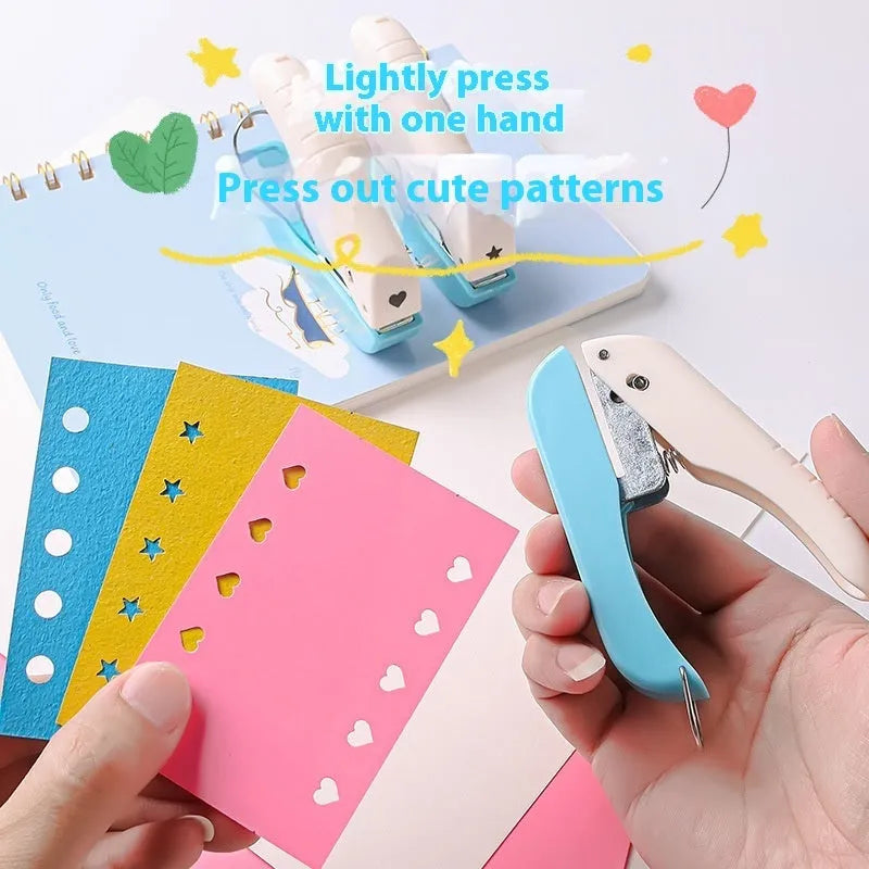 Manual kindergarten pattern punching machine with round, star, and heart-shaped cutters.