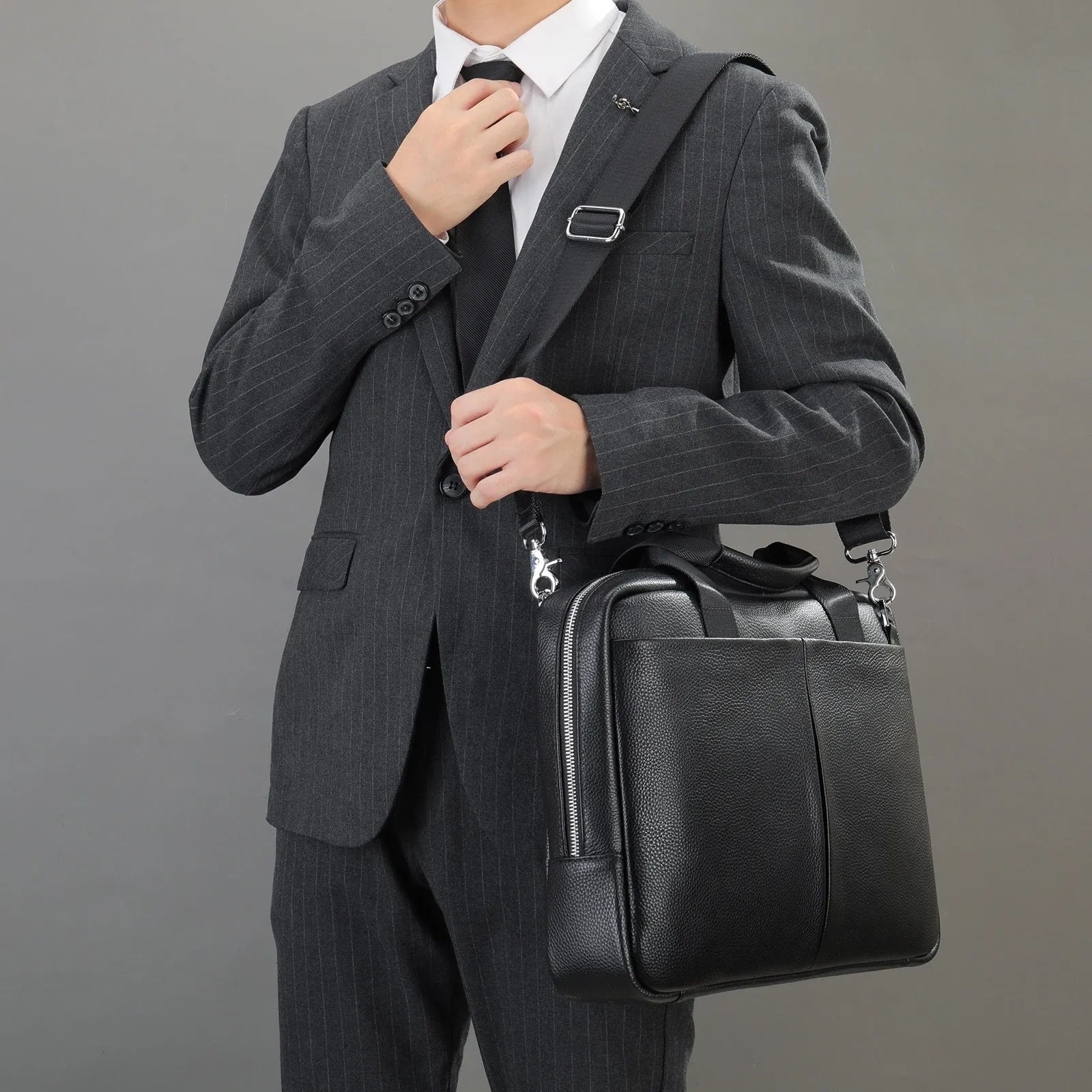 Genuine leather large capacity horizontal briefcase for men in black with sewing line detailing, first layer cowhide