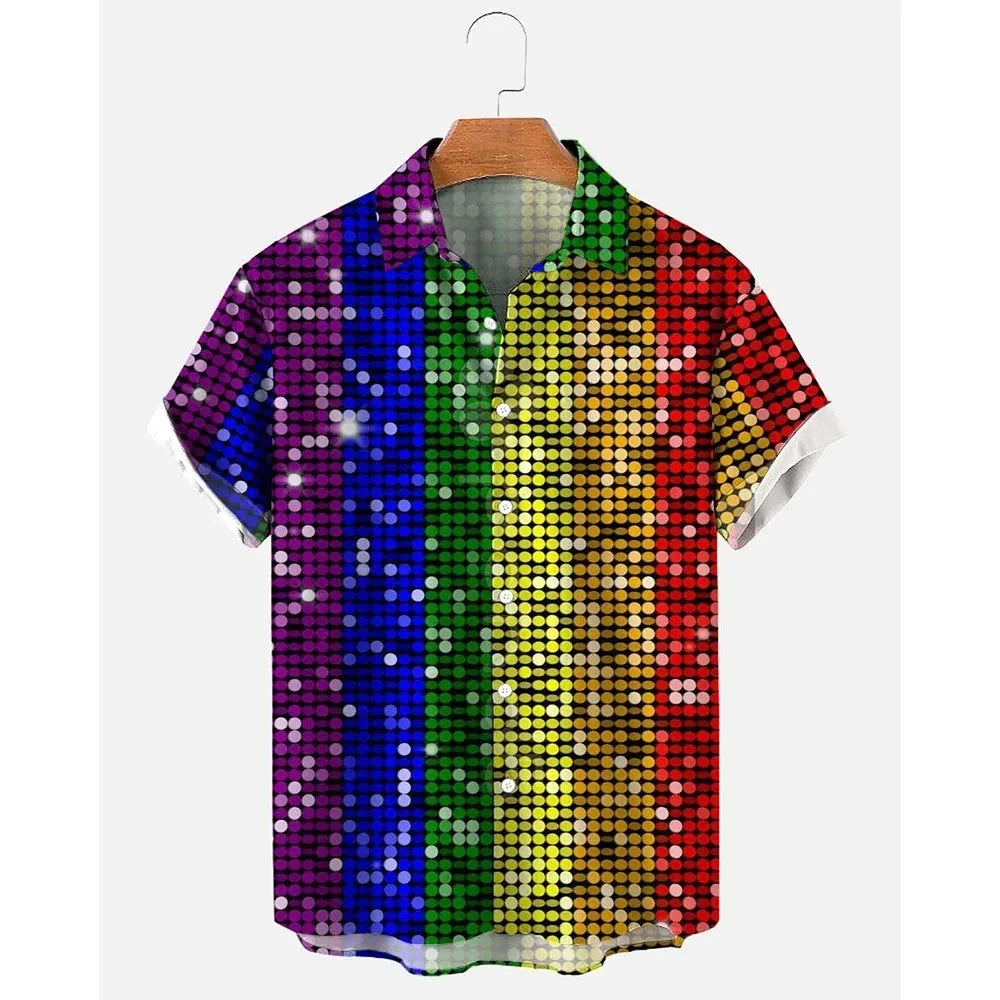 Men's short sleeve striped Hawaiian shirt with cardigan style collar on a mannequin.