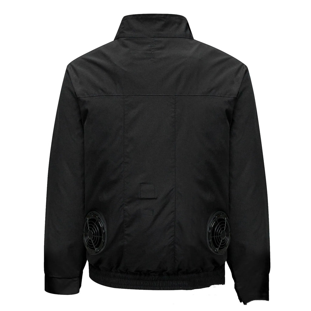 Men's black smart air conditioning cooling jacket with fan vents for outdoor summer work.
