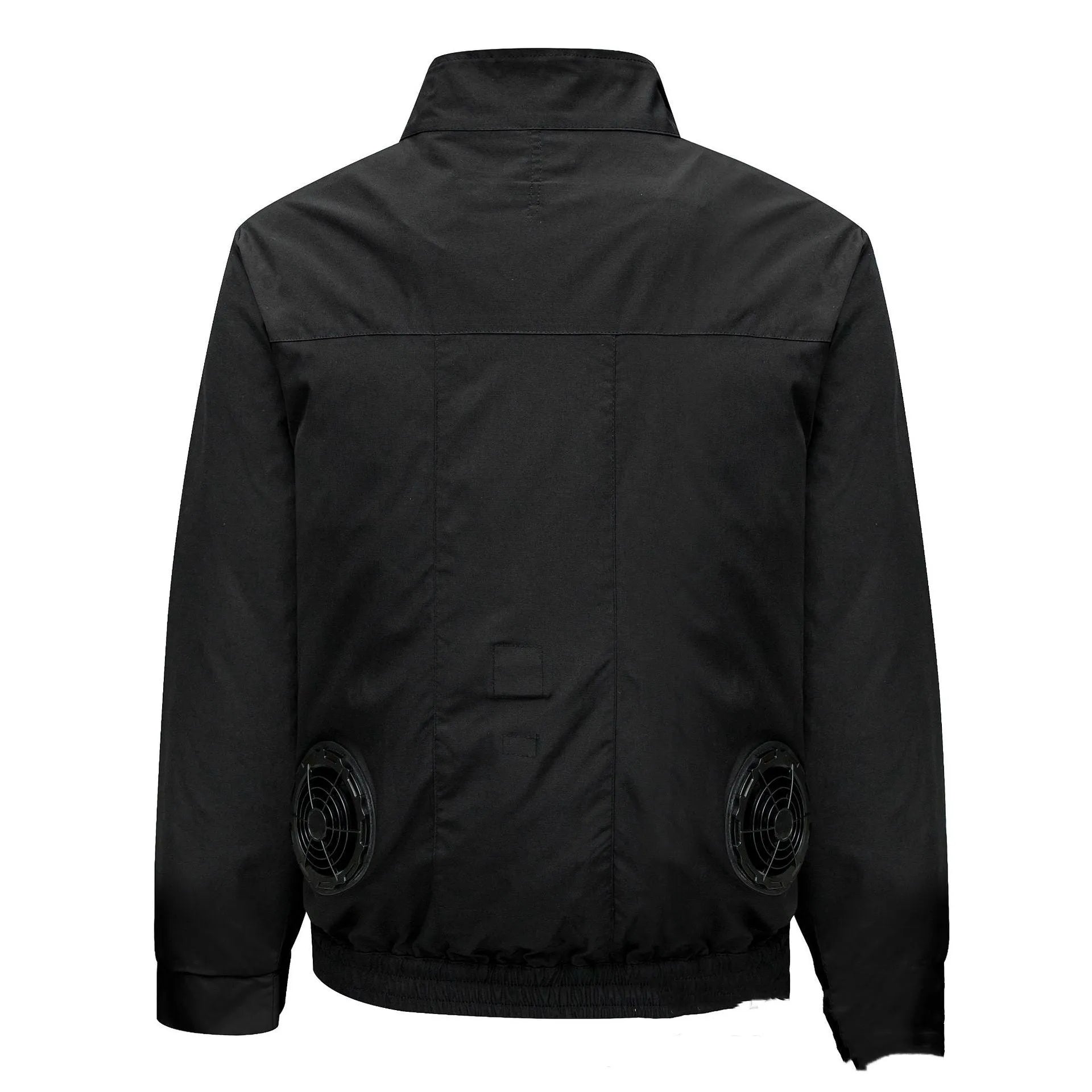 Men's black smart air conditioning cooling jacket with fan vents for outdoor summer work.