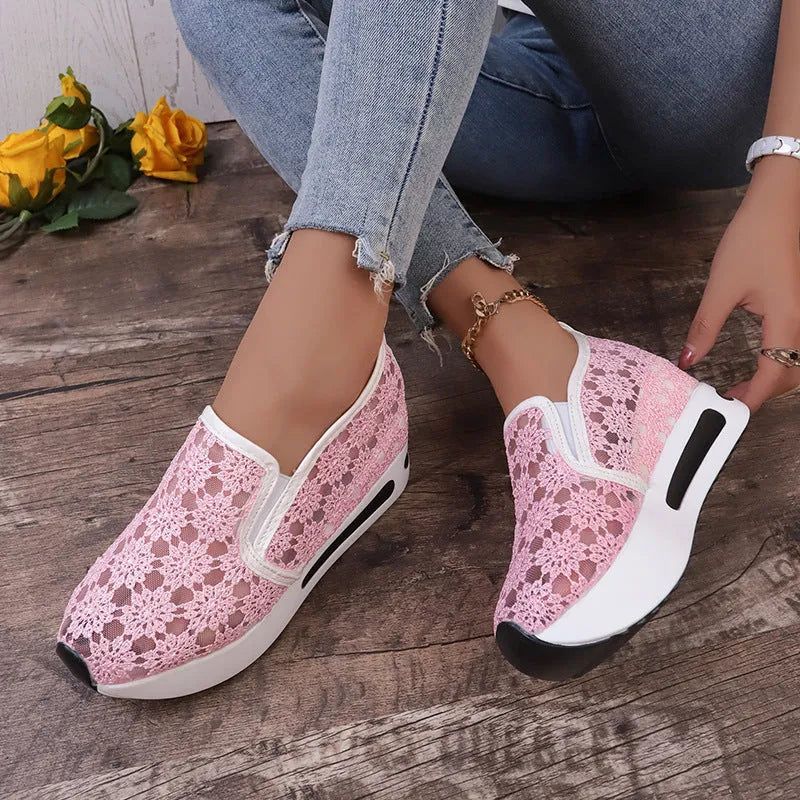 Women's lace mesh flat shoes with inner heightened platform, round toe, satin upper, available in pink and white