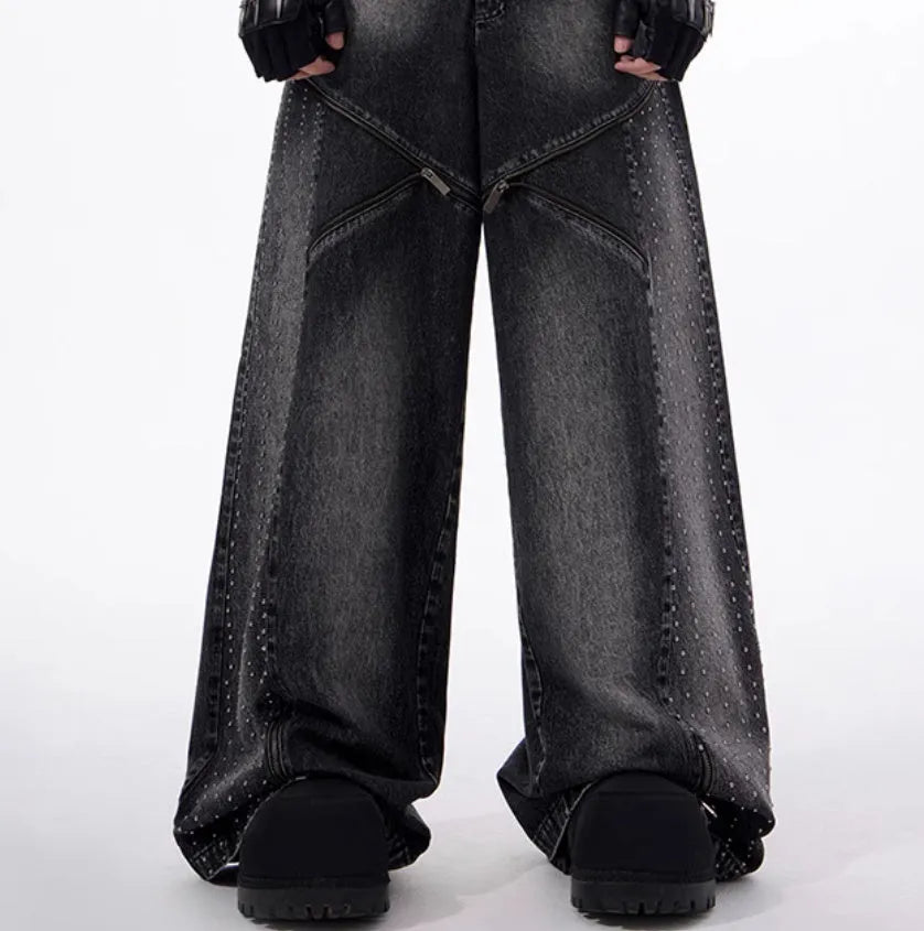 Korean style black and grey washed denim wide leg pants and matching waistcoat co-ord set