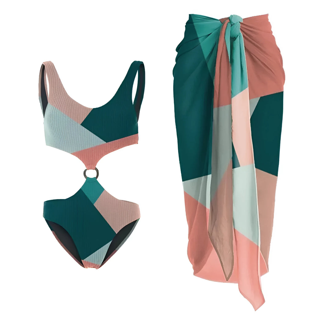 Contrast colour bikini two-piece set with a light mesh gauze skirt laid flat.