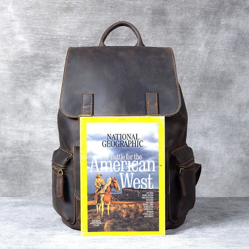 Retro brown leather backpack with double shoulder straps and vintage styling
