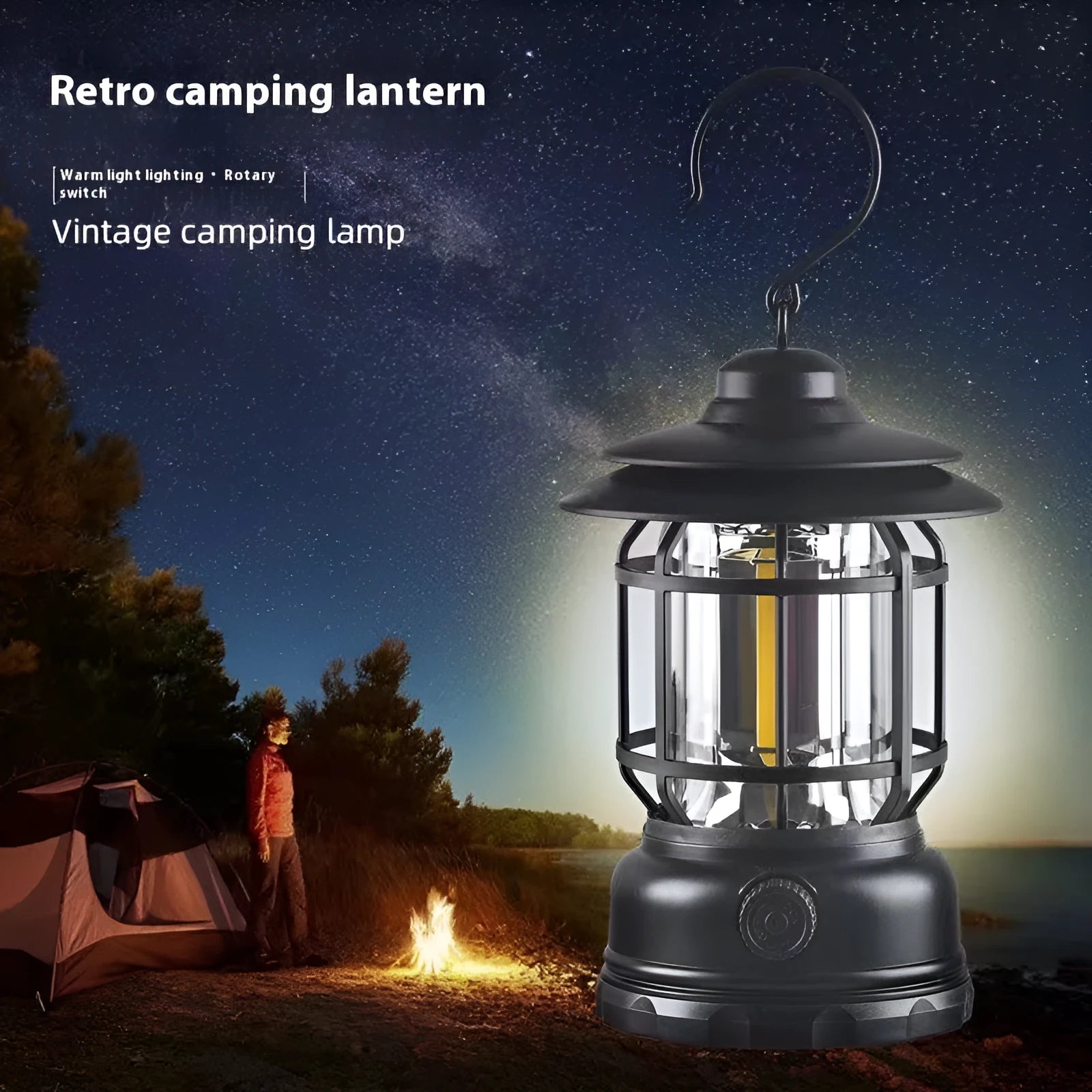 Dark green portable camping lantern with head lamp function on a table