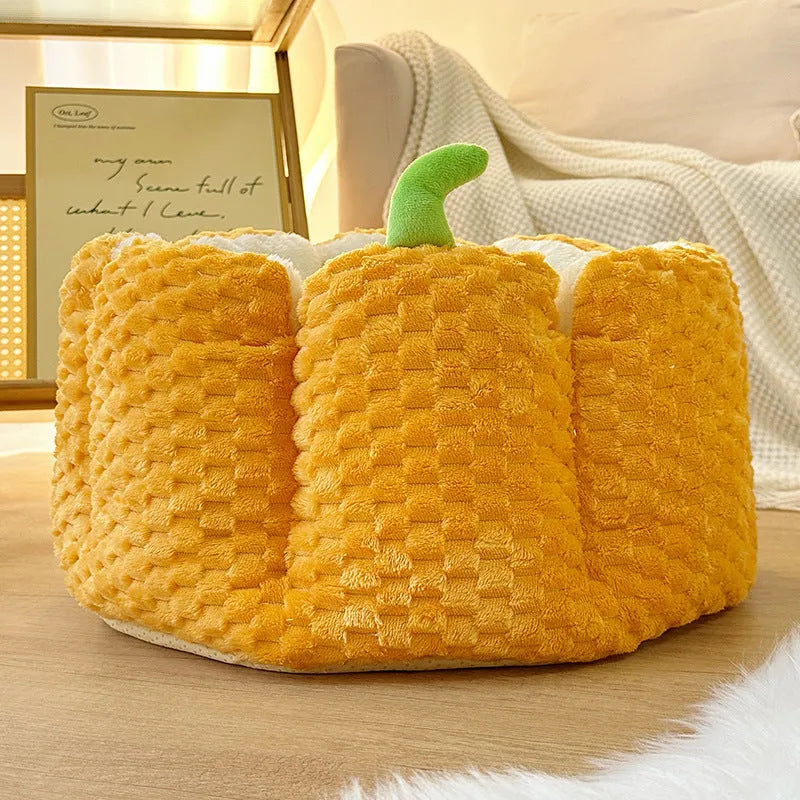 Pumpkin-shaped pet nest mat with raised sides and cotton filling for cat bedding in two sizes