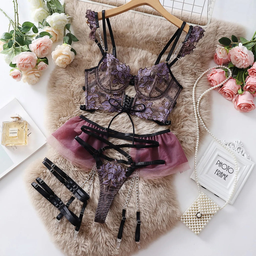 Light blue lace underwear push up bra set with transparent mesh panels