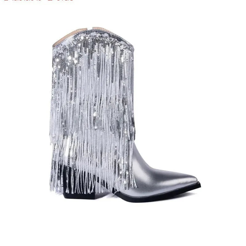 Women's brown chunky heel ankle boots with tassel detail and a high stiletto heel on a white background.